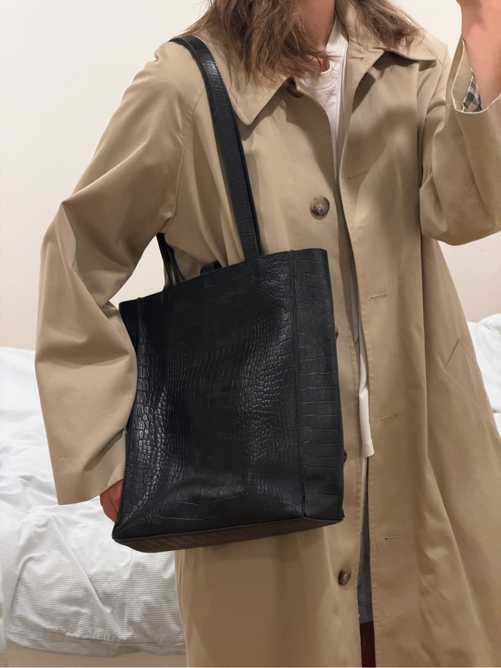 Black Croc-Embossed Leather Tote Bag